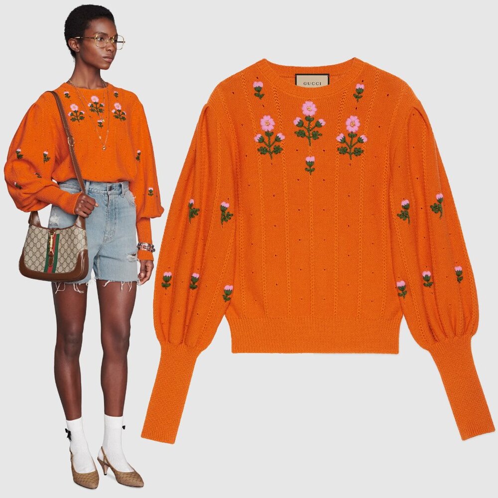 GUCCI SWEATER ORANGE WOOL BLEND FLORAL EMBROIDERED JUMPER  sz XS EXTRA SMALL